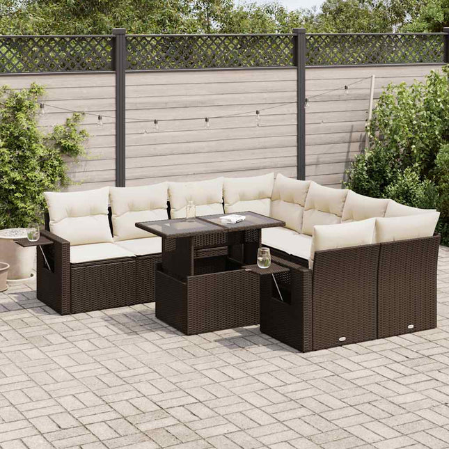 9-delige Loungeset met kussens poly rattan bruin