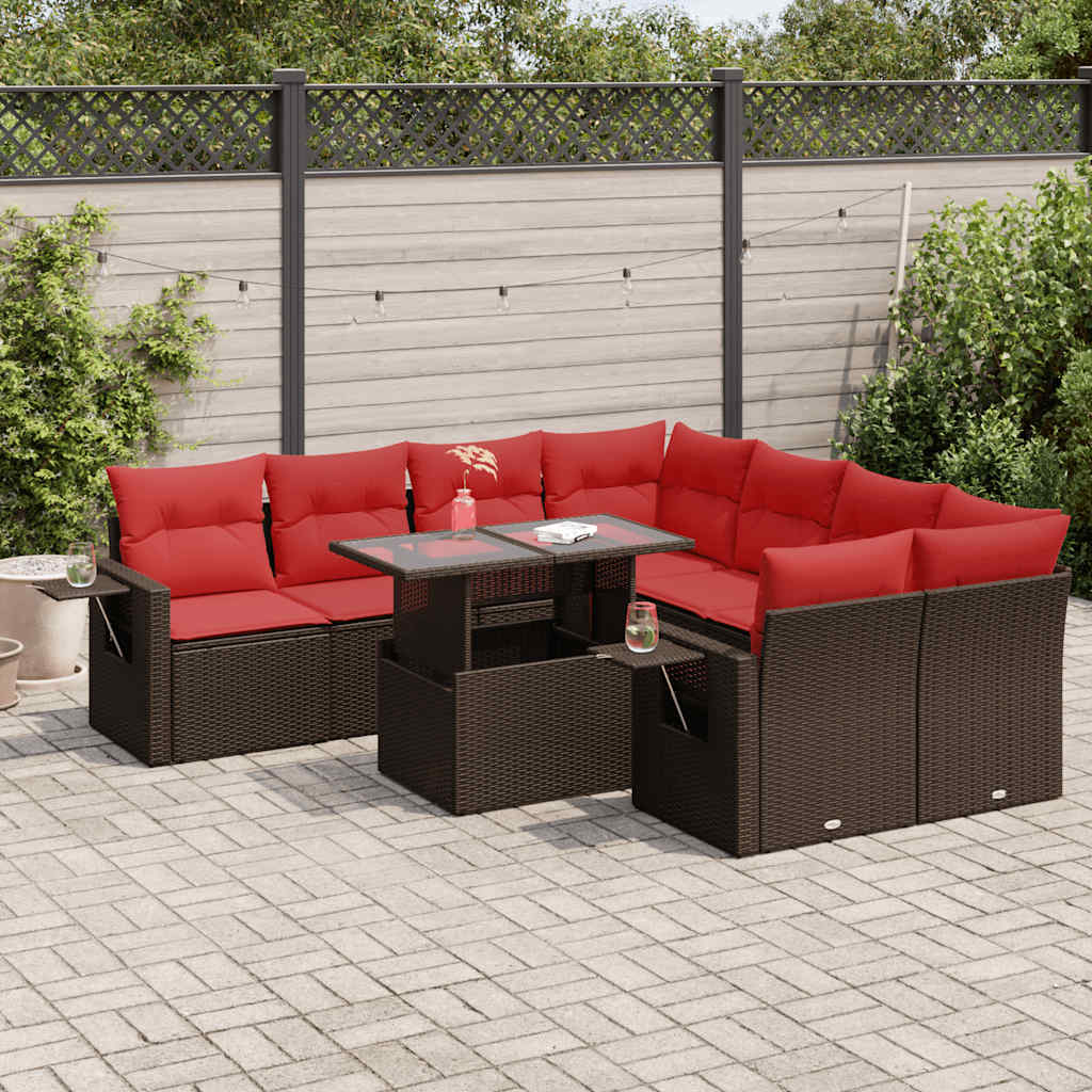 9-delige Loungeset met kussens poly rattan acacia grijs