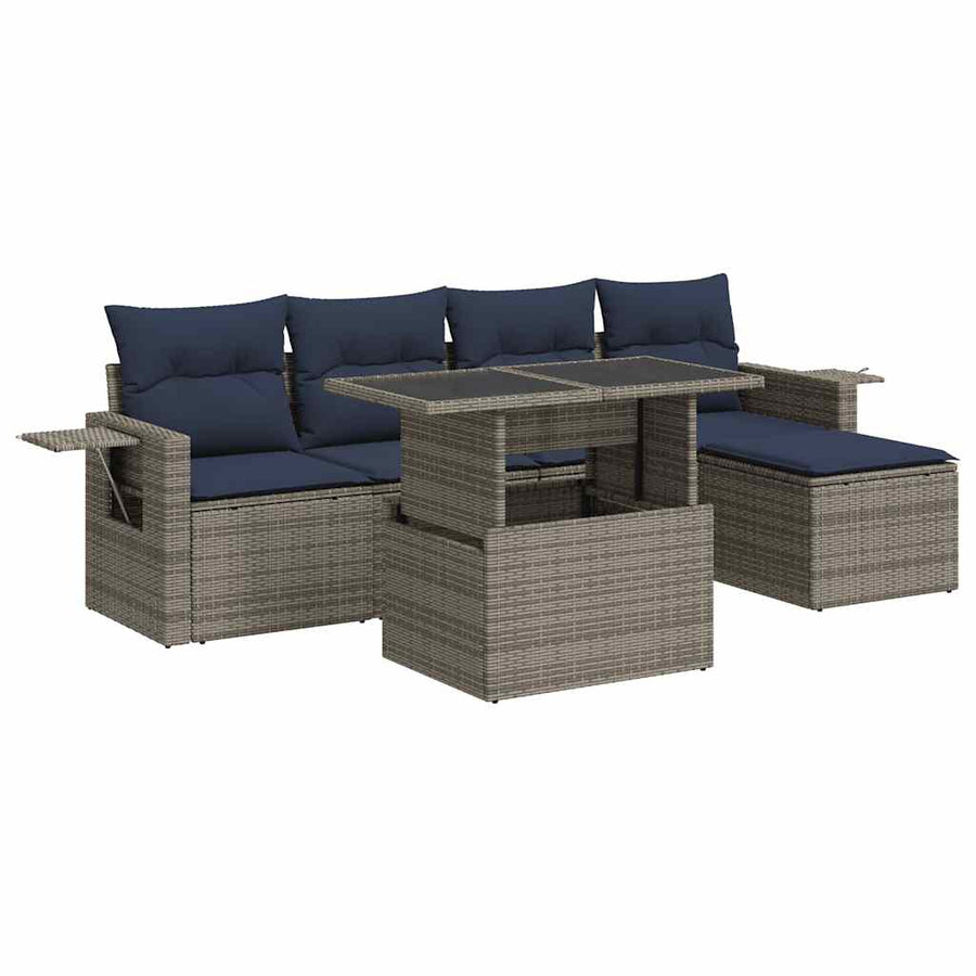 6-delige Loungeset met kussens poly rattan acacia zwart