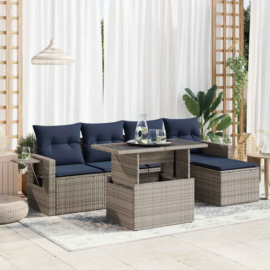 6-delige Loungeset met kussens poly rattan acacia zwart