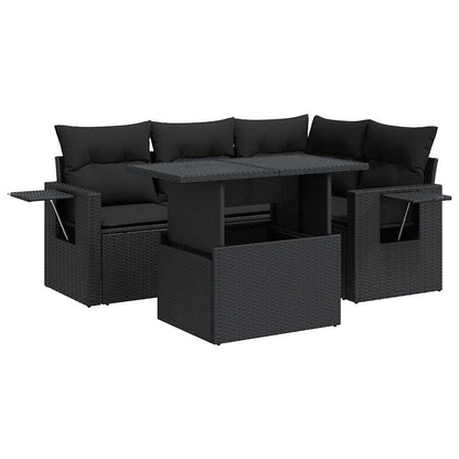 5-delige Loungeset met kussens poly rattan zwart