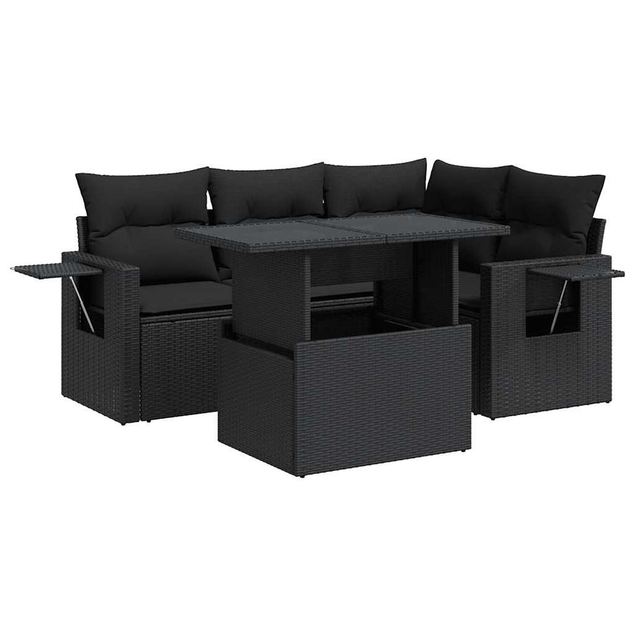 5-delige Loungeset met kussens poly rattan zwart