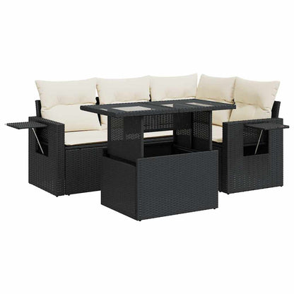 5-delige Loungeset met kussens poly rattan zwart