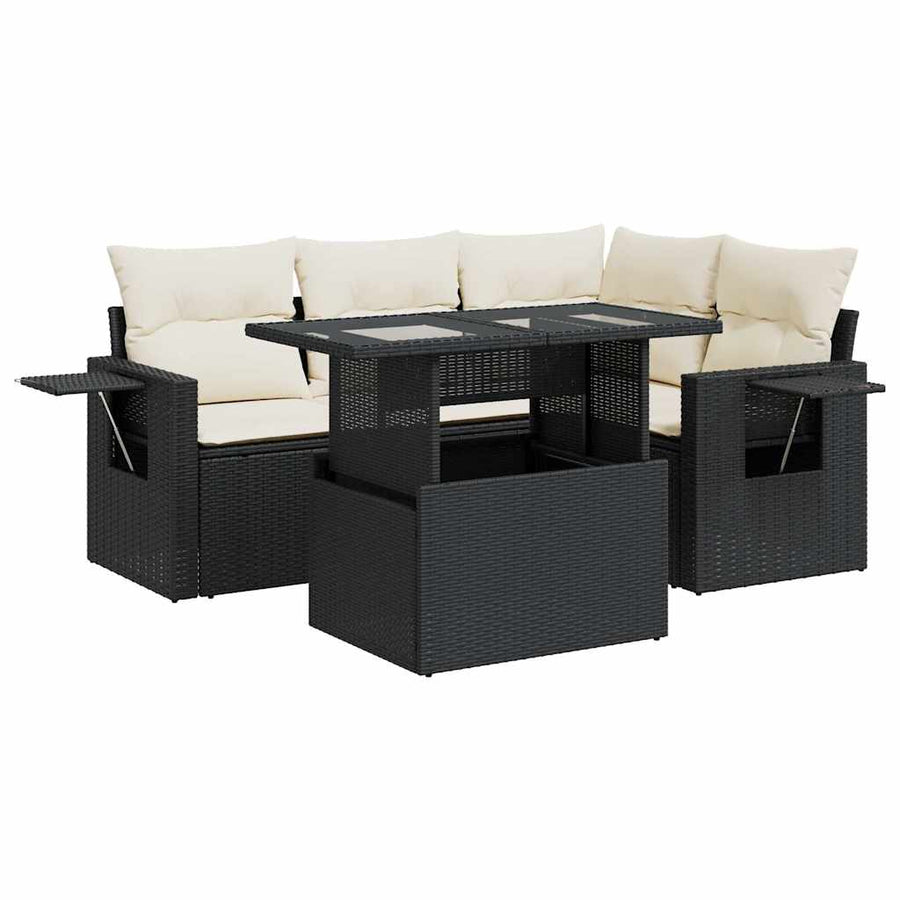 5-delige Loungeset met kussens poly rattan zwart