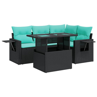 5-delige Loungeset met kussens poly rattan acacia zwart