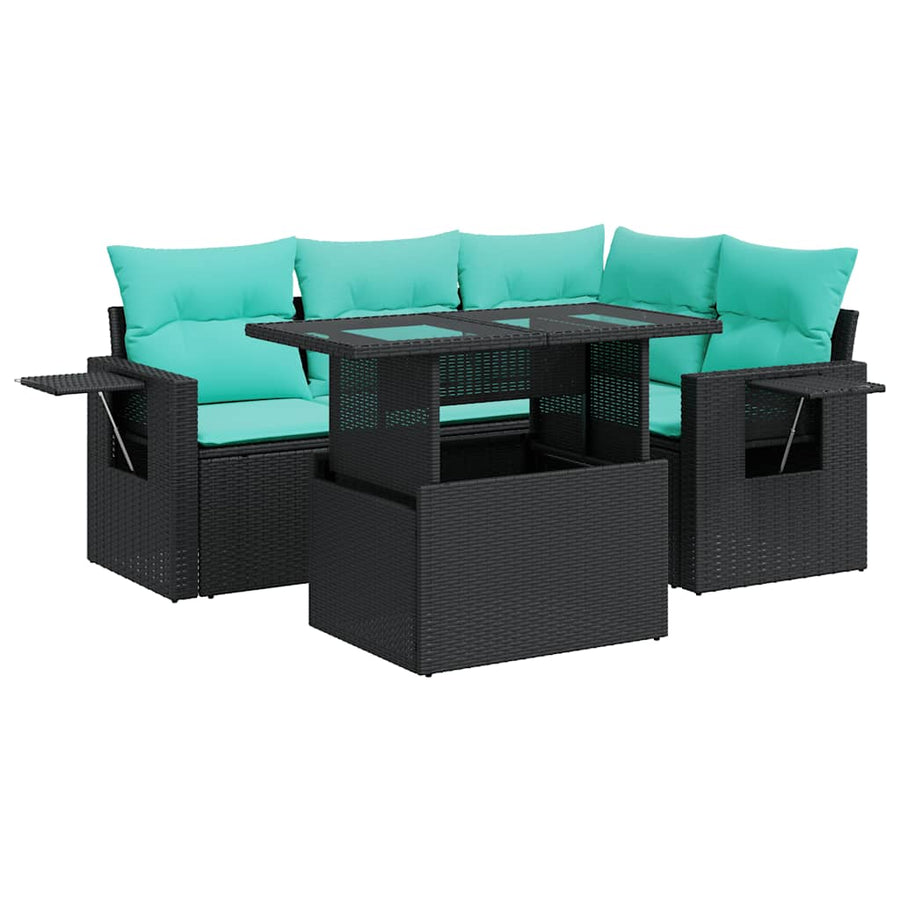5-delige Loungeset met kussens poly rattan acacia zwart