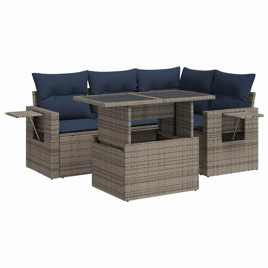 5-delige Loungeset met kussens poly rattan acacia zwart