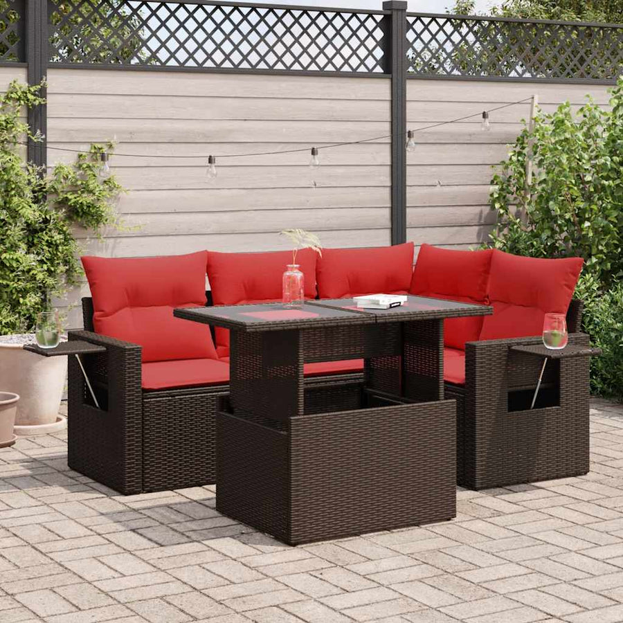5-delige Loungeset met kussens poly rattan acacia grijs