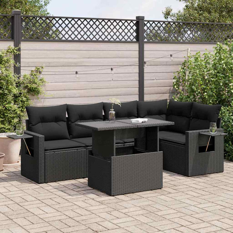 6-delige Loungeset met kussens poly rattan zwart
