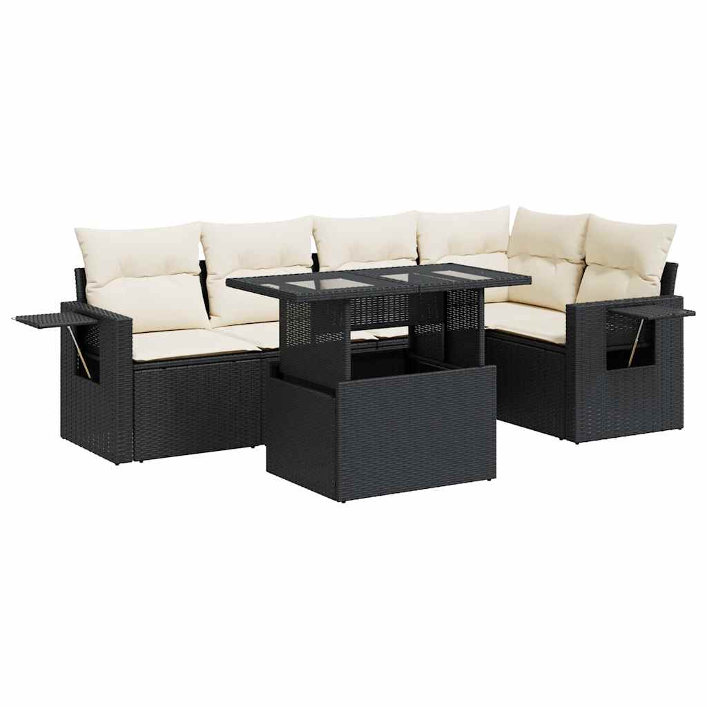 6-delige Loungeset met kussens poly rattan zwart