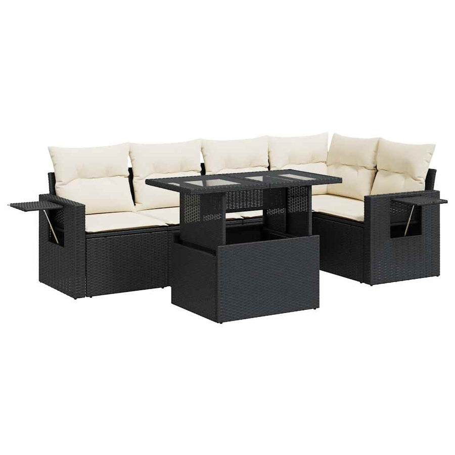 6-delige Loungeset met kussens poly rattan zwart