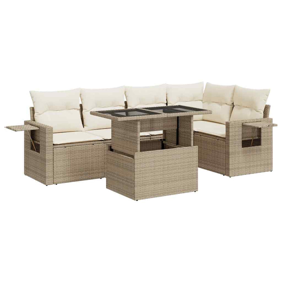 6-delige Loungeset met kussens poly rattan beige