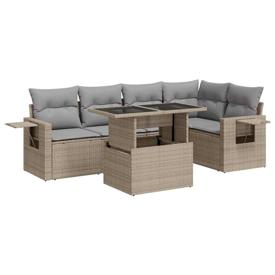 6-delige Loungeset met kussens poly rattan beige