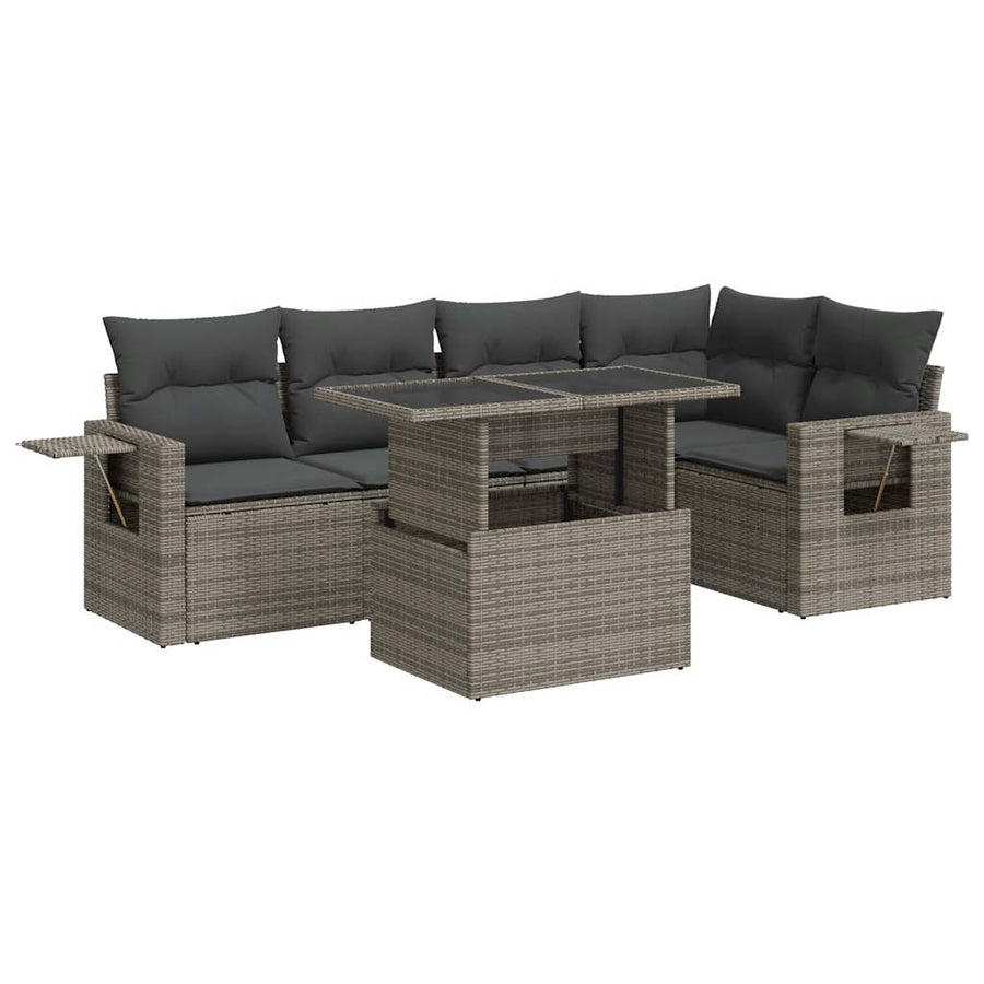6-delige Loungeset met kussens poly rattan grijs