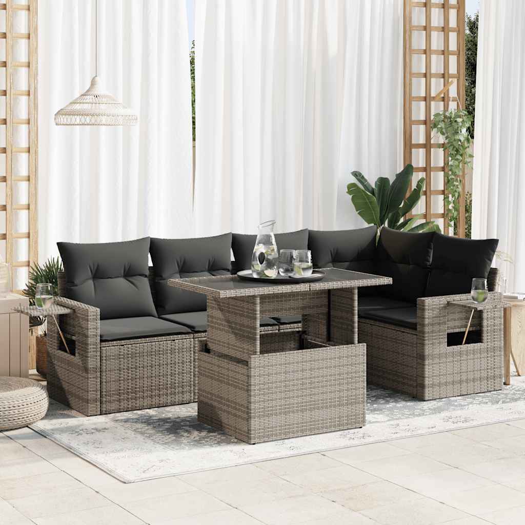 6-delige Loungeset met kussens poly rattan grijs