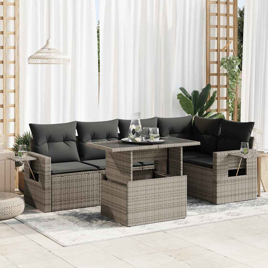 6-delige Loungeset met kussens poly rattan grijs