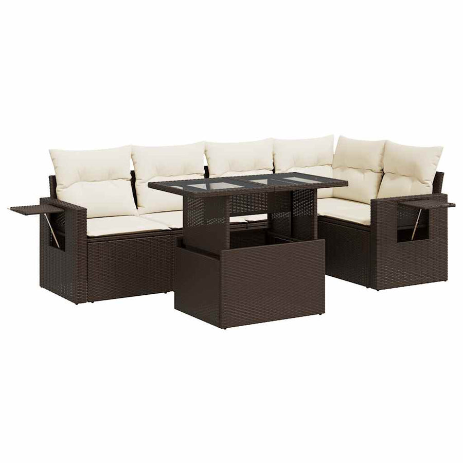 6-delige Loungeset met kussens poly rattan bruin