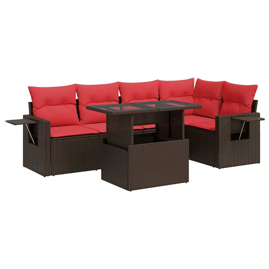 6-delige Loungeset met kussens poly rattan acacia bruin