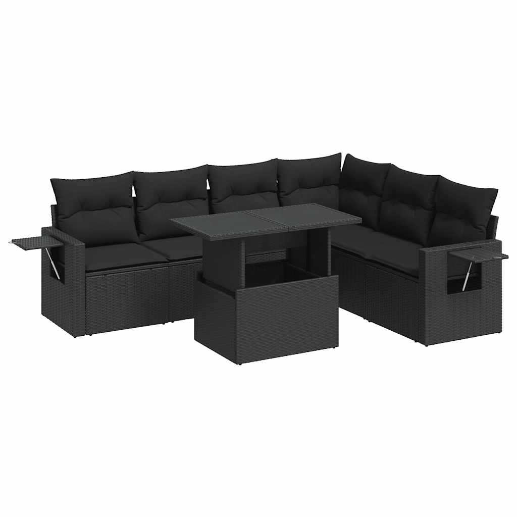 7-delige Loungeset met kussens poly rattan zwart