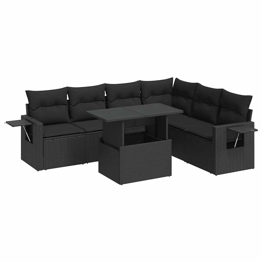 7-delige Loungeset met kussens poly rattan zwart