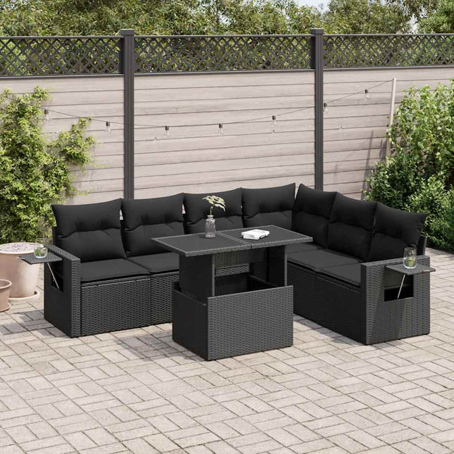 7-delige Loungeset met kussens poly rattan zwart