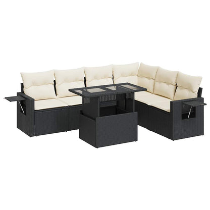 7-delige Loungeset met kussens poly rattan zwart
