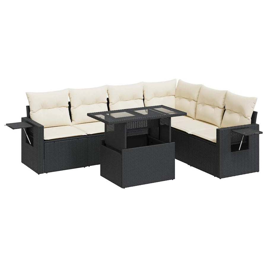 7-delige Loungeset met kussens poly rattan zwart