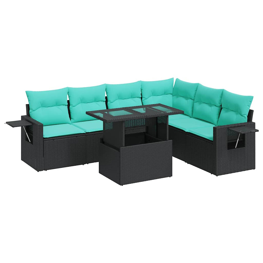 7-delige Loungeset met kussens poly rattan acacia zwart