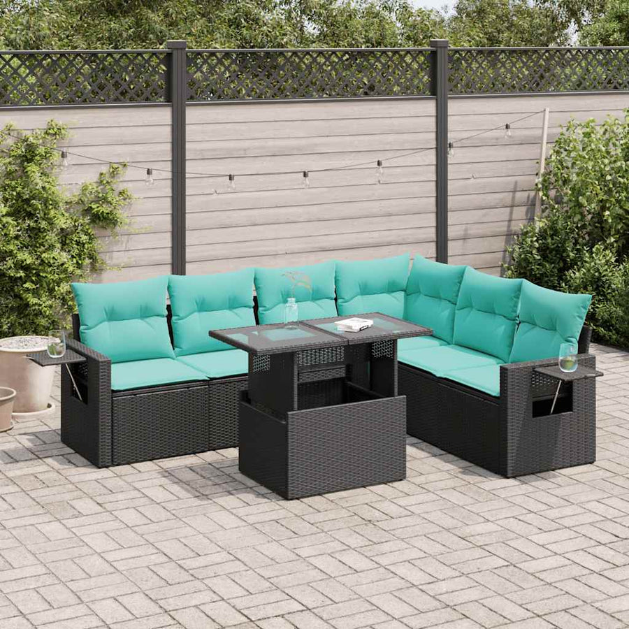 7-delige Loungeset met kussens poly rattan acacia zwart