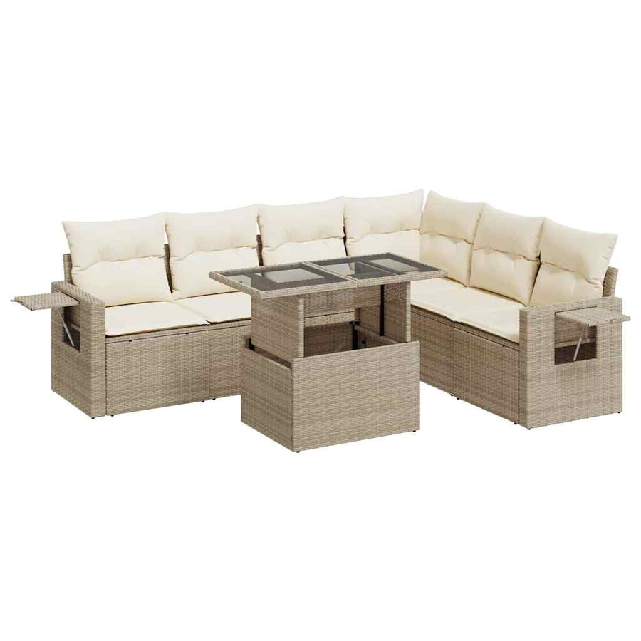 7-delige Loungeset met kussens poly rattan beige