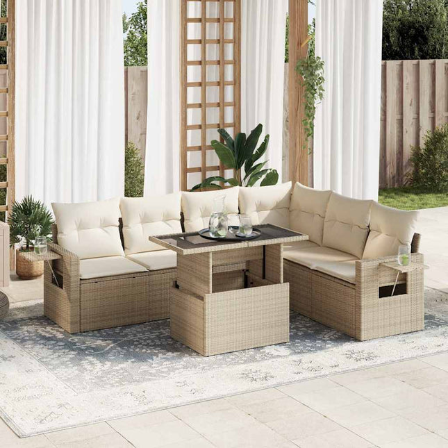 7-delige Loungeset met kussens poly rattan beige