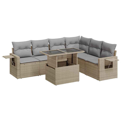 7-delige Loungeset met kussens poly rattan beige