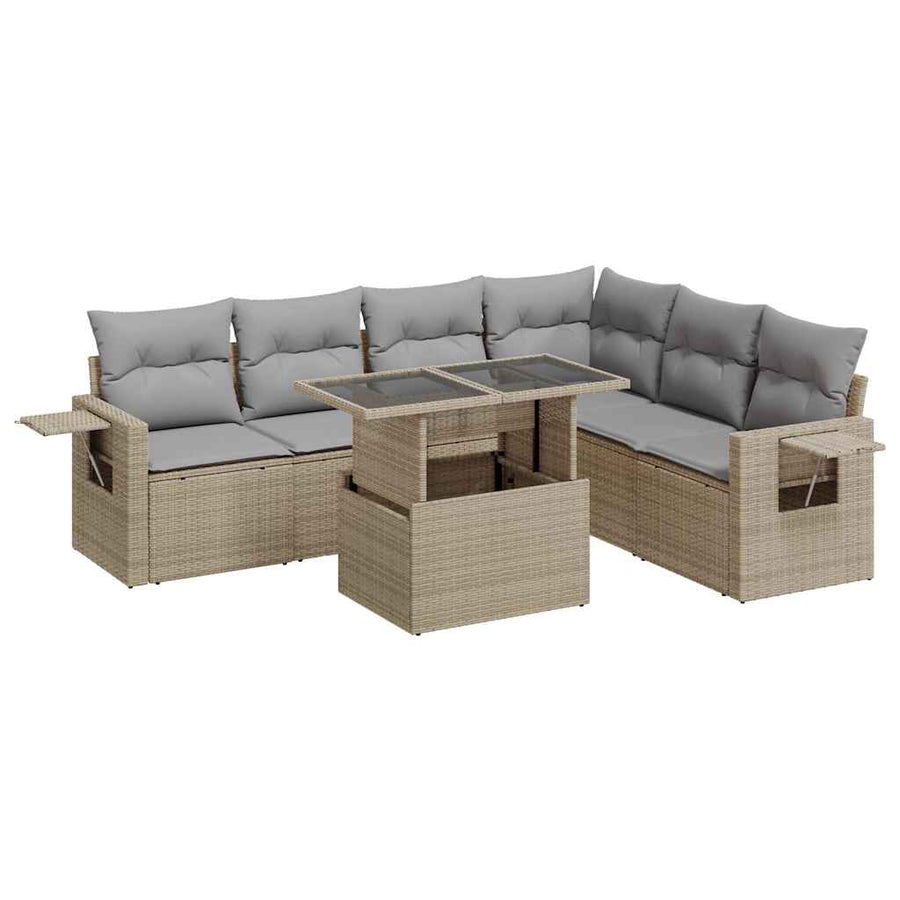 7-delige Loungeset met kussens poly rattan beige