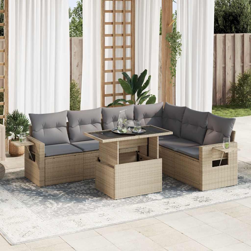 7-delige Loungeset met kussens poly rattan beige