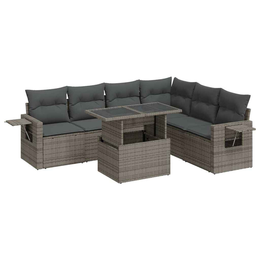 7-delige Loungeset met kussens poly rattan grijs