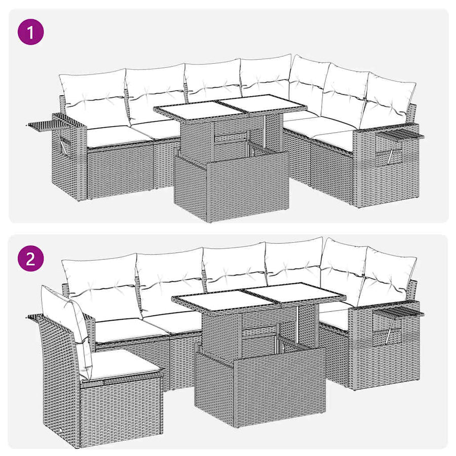 7-delige Loungeset met kussens poly rattan grijs