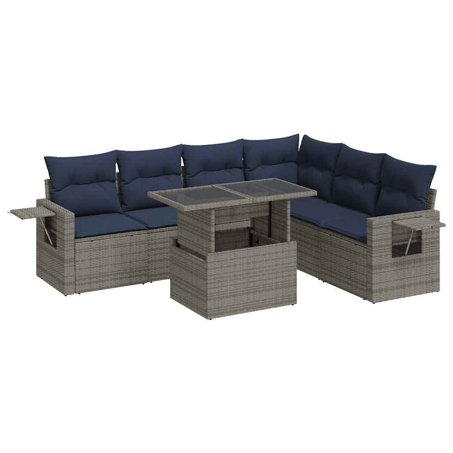 7-delige Loungeset met kussens poly rattan acacia zwart