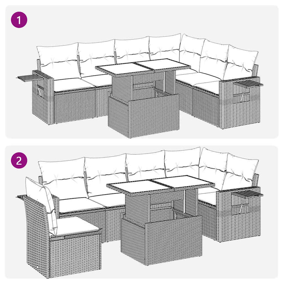 7-delige Loungeset met kussens poly rattan acacia zwart