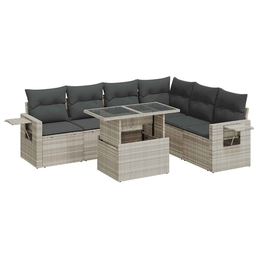 7-delige Loungeset met kussens poly rattan lichtgrijs