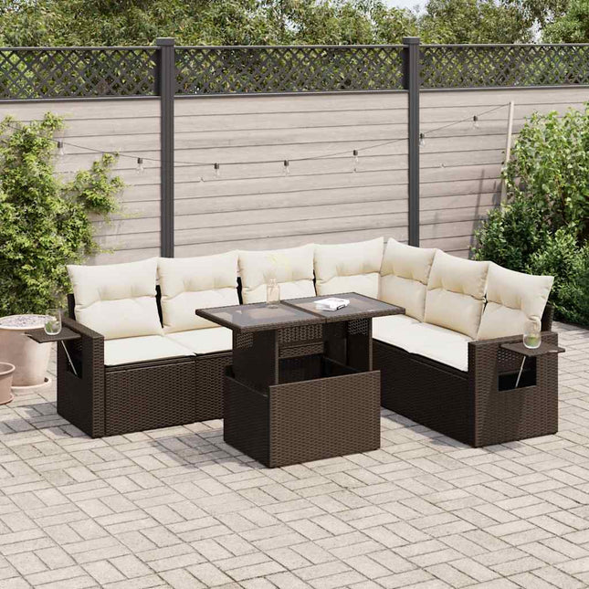 7-delige Loungeset met kussens poly rattan bruin