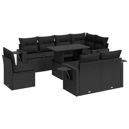 9-delige Loungeset met kussens poly rattan zwart
