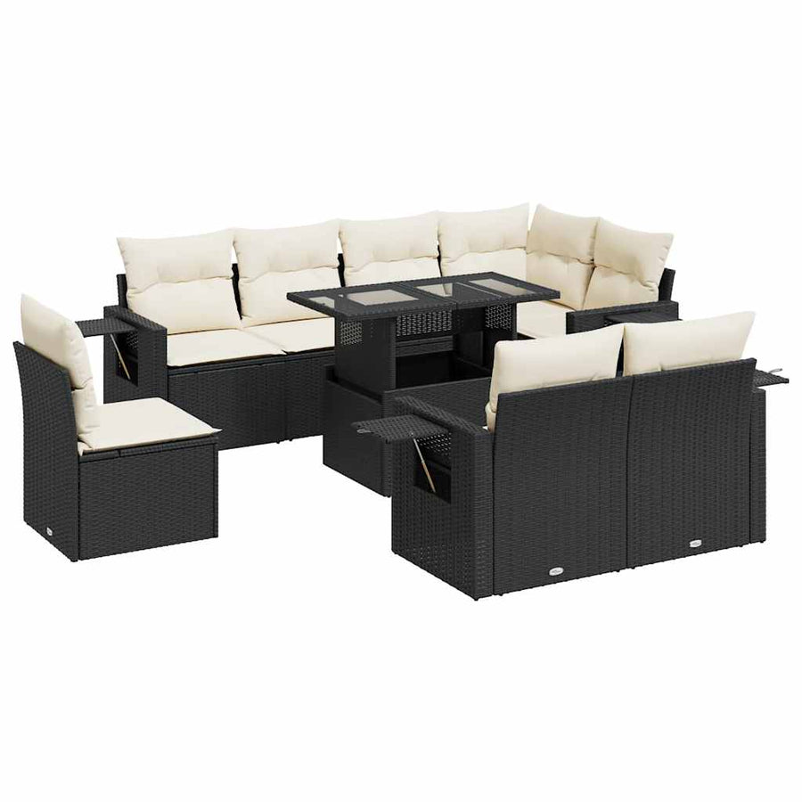 9-delige Loungeset met kussens poly rattan zwart