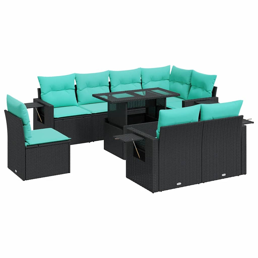 9-delige Loungeset met kussens poly rattan acacia zwart