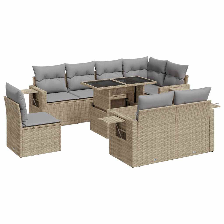 9-delige Loungeset met kussens poly rattan beige