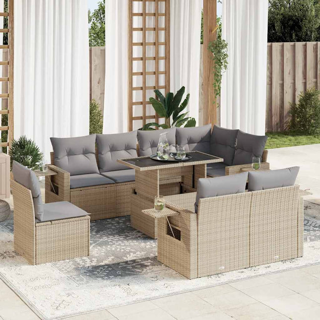 9-delige Loungeset met kussens poly rattan beige