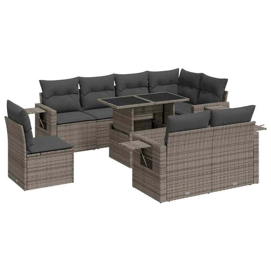 9-delige Loungeset met kussens poly rattan grijs