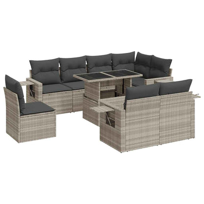 9-delige Loungeset met kussens poly rattan lichtgrijs