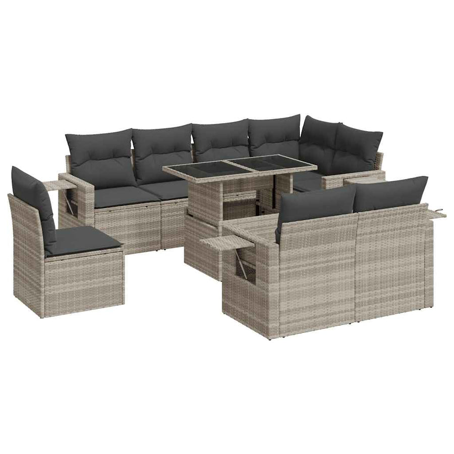 9-delige Loungeset met kussens poly rattan lichtgrijs
