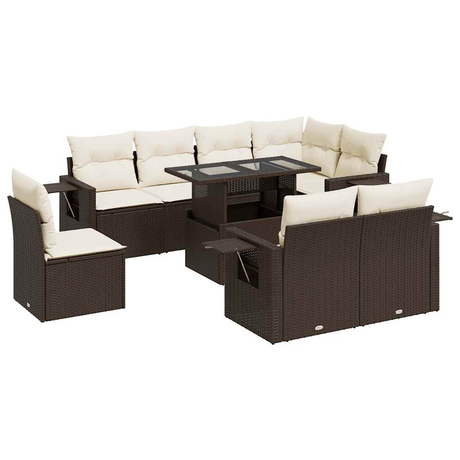 9-delige Loungeset met kussens poly rattan bruin