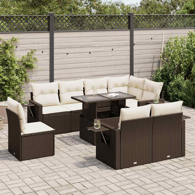 9-delige Loungeset met kussens poly rattan bruin